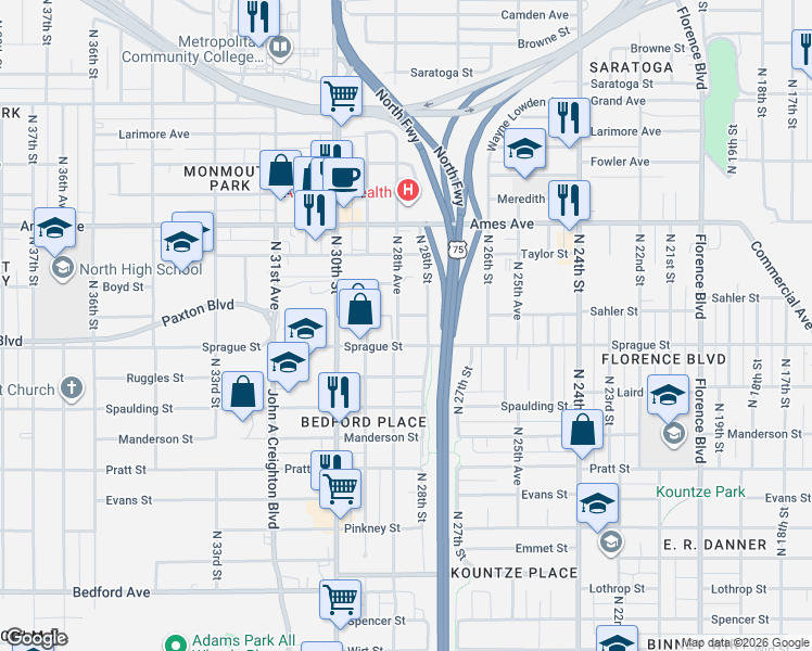map of restaurants, bars, coffee shops, grocery stores, and more near 4111 North 28th Avenue in Omaha
