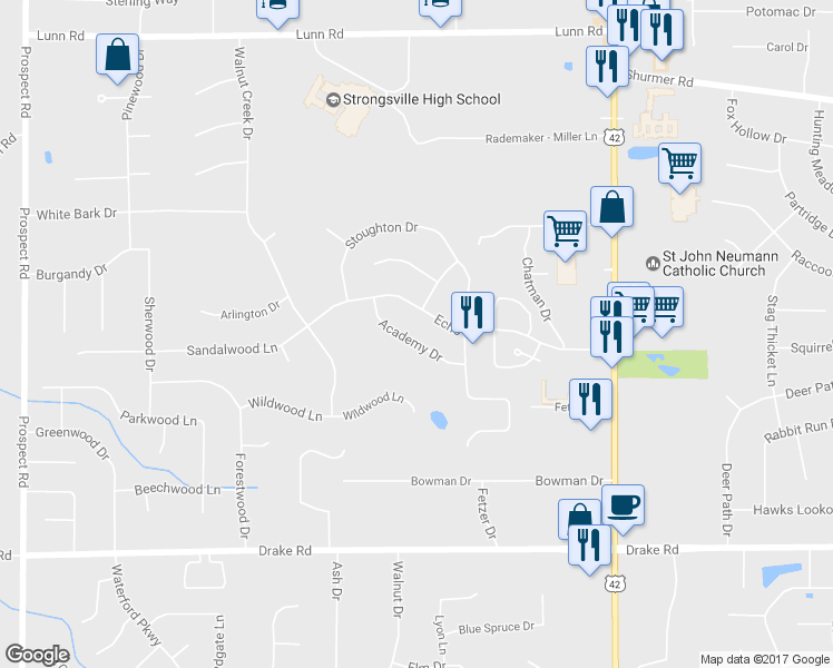 map of restaurants, bars, coffee shops, grocery stores, and more near 16315 Academy Drive in Strongsville
