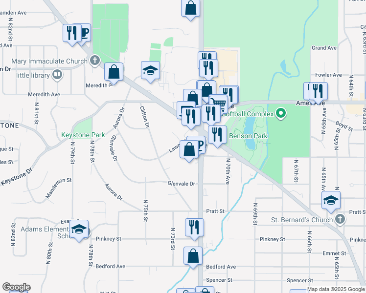 map of restaurants, bars, coffee shops, grocery stores, and more near 7235 Lawndale Drive in Omaha