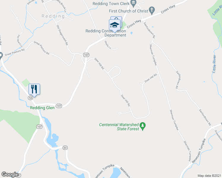 map of restaurants, bars, coffee shops, grocery stores, and more near 32 Deer Hill Road in Redding