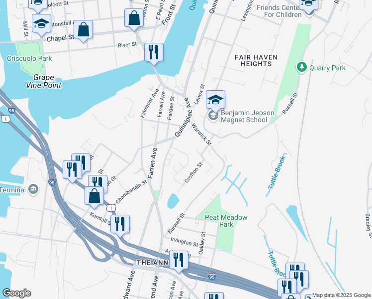 map of restaurants, bars, coffee shops, grocery stores, and more near 9 Cabot Street in New Haven