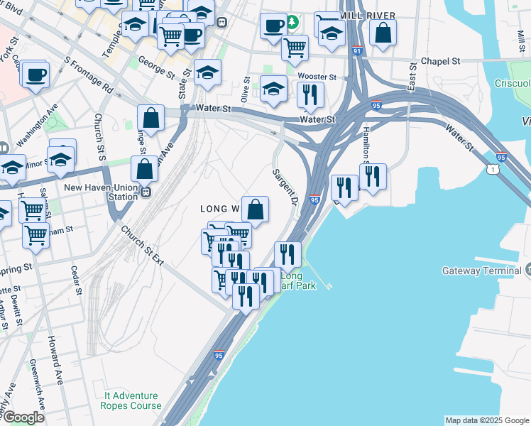 map of restaurants, bars, coffee shops, grocery stores, and more near in New Haven