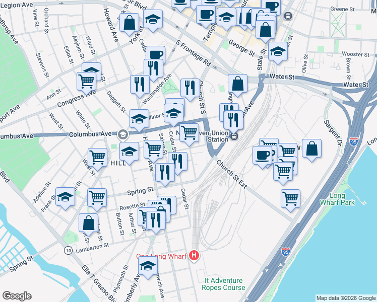 map of restaurants, bars, coffee shops, grocery stores, and more near 45 Liberty Street in New Haven