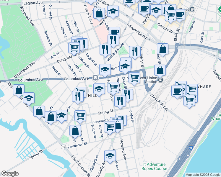 map of restaurants, bars, coffee shops, grocery stores, and more near 570 Howard Avenue in New Haven