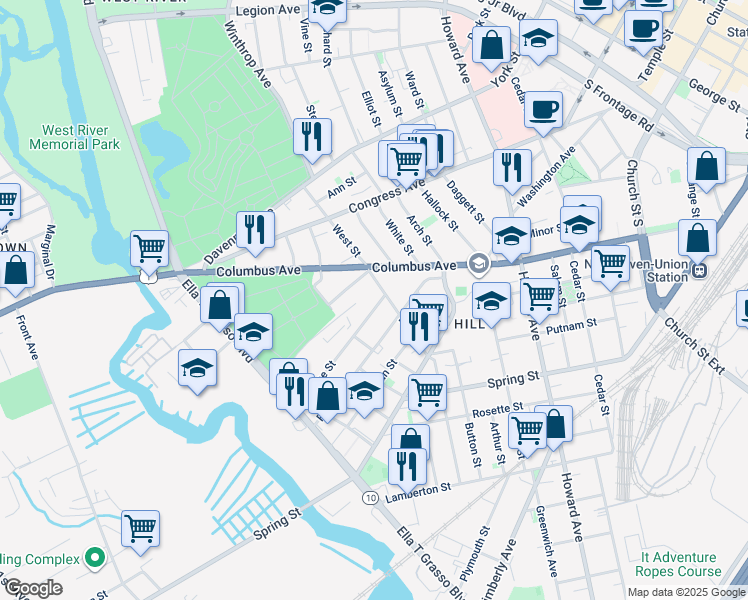 map of restaurants, bars, coffee shops, grocery stores, and more near 9 Adeline Street in New Haven