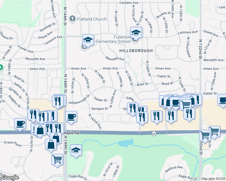 map of restaurants, bars, coffee shops, grocery stores, and more near 4228 North 139th Avenue in Omaha