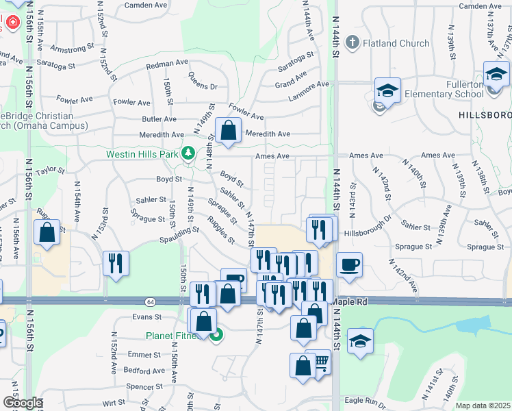 map of restaurants, bars, coffee shops, grocery stores, and more near 4205 North 147th Street in Omaha