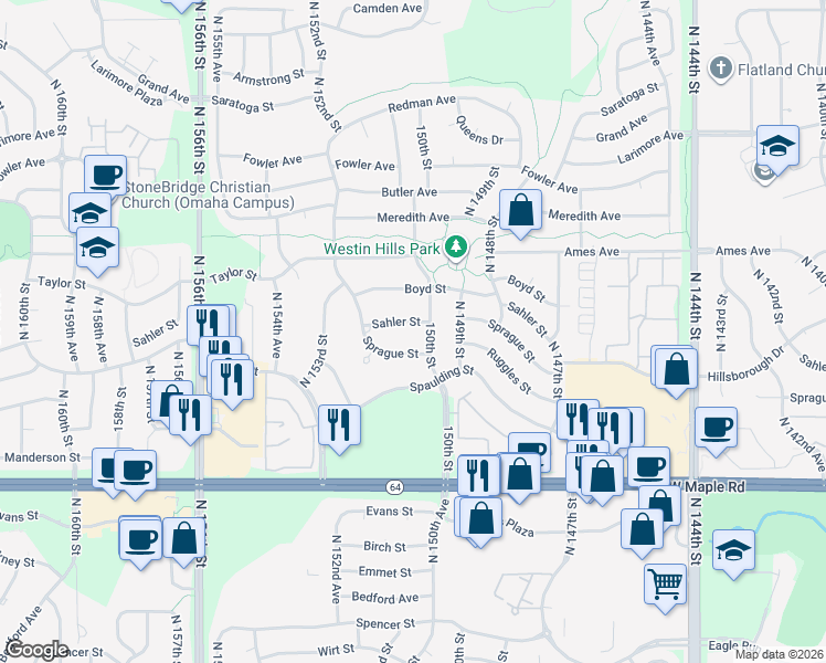 map of restaurants, bars, coffee shops, grocery stores, and more near 15025 Sahler Street in Omaha