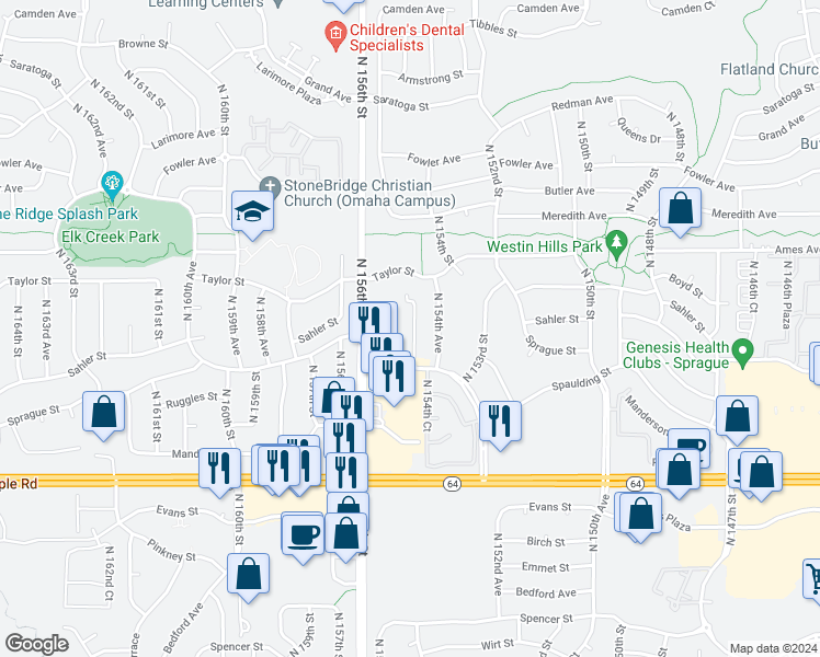 map of restaurants, bars, coffee shops, grocery stores, and more near 15450 Ruggles Street in Omaha