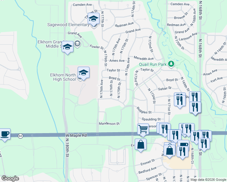 map of restaurants, bars, coffee shops, grocery stores, and more near 4124 North 175th Street in Omaha
