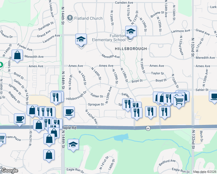 map of restaurants, bars, coffee shops, grocery stores, and more near 4228 North 139th Avenue in Omaha