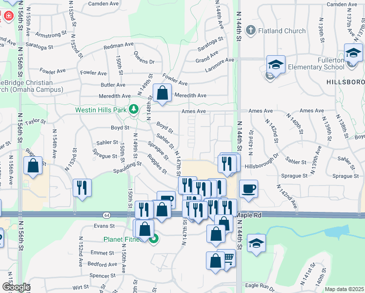 map of restaurants, bars, coffee shops, grocery stores, and more near 4205 North 147th Street in Omaha