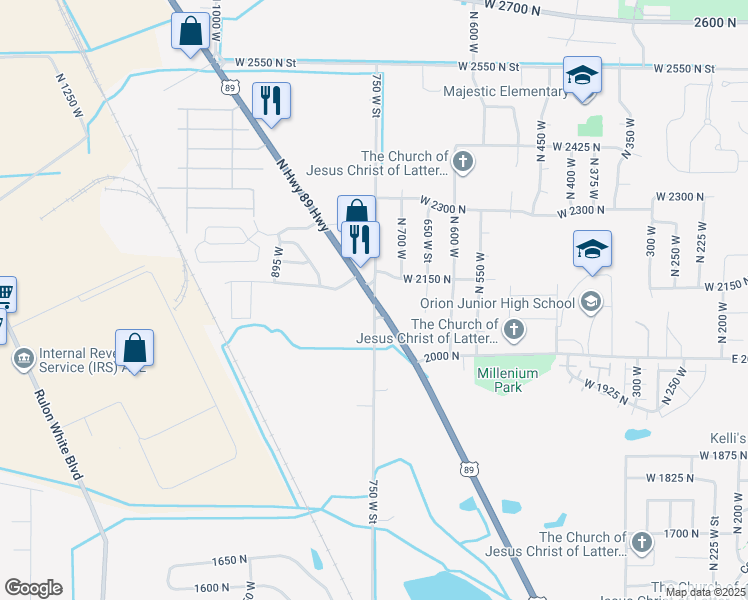 map of restaurants, bars, coffee shops, grocery stores, and more near 2100 North Highway 89 Highway in Harrisville