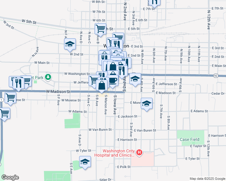 map of restaurants, bars, coffee shops, grocery stores, and more near 321 South Iowa Avenue in Washington