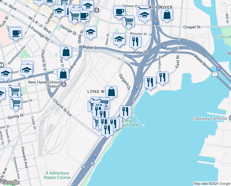 map of restaurants, bars, coffee shops, grocery stores, and more near 500 Sargent Drive in New Haven