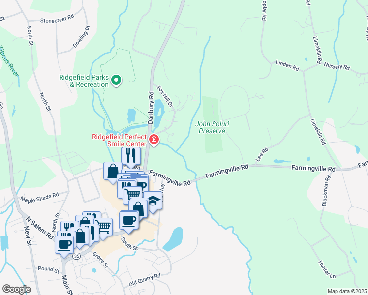 map of restaurants, bars, coffee shops, grocery stores, and more near 17 Outpost Lane in Ridgefield
