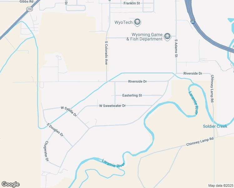 map of restaurants, bars, coffee shops, grocery stores, and more near 2081 Easterling Street in Laramie