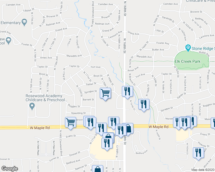 map of restaurants, bars, coffee shops, grocery stores, and more near 4113 North 170th Street in Omaha