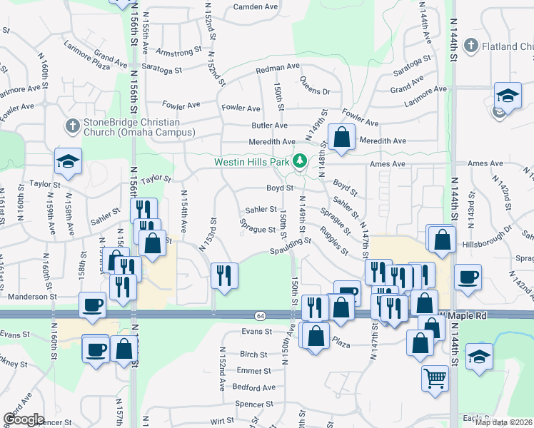 map of restaurants, bars, coffee shops, grocery stores, and more near 15025 Sahler Street in Omaha
