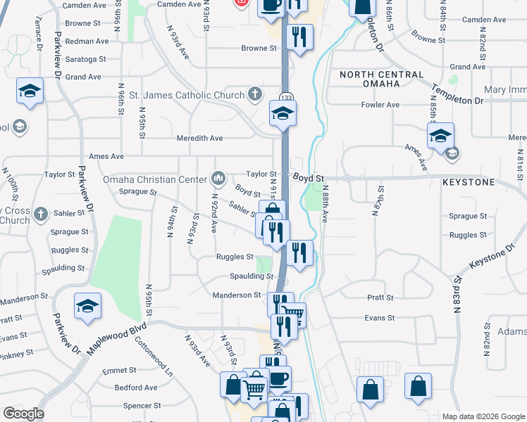map of restaurants, bars, coffee shops, grocery stores, and more near 9118 Sahler St in Omaha