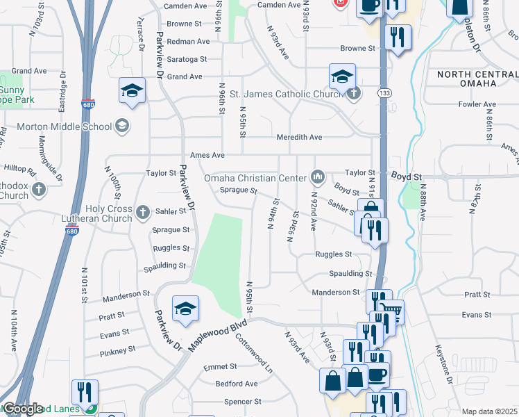 map of restaurants, bars, coffee shops, grocery stores, and more near 4012 North 94th Street in Omaha