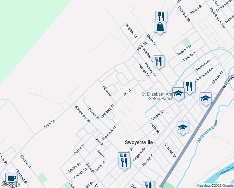 map of restaurants, bars, coffee shops, grocery stores, and more near 48 Birch Dr in Swoyersville