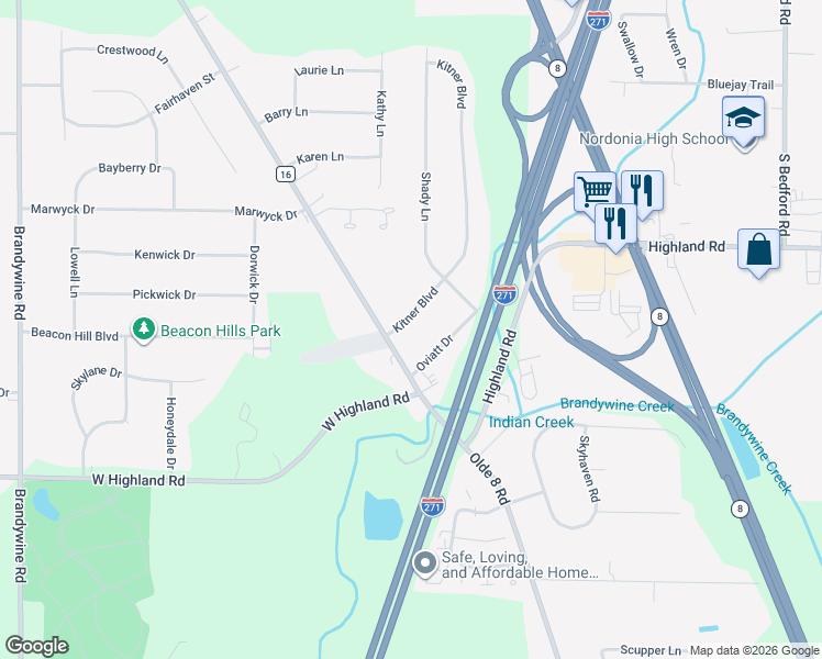 map of restaurants, bars, coffee shops, grocery stores, and more near 7555 Kitner Boulevard in Northfield