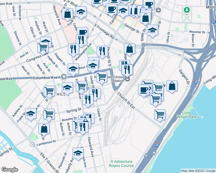 map of restaurants, bars, coffee shops, grocery stores, and more near 45 Liberty Street in New Haven