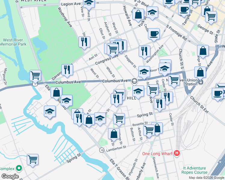 map of restaurants, bars, coffee shops, grocery stores, and more near 48 Frank Street in New Haven