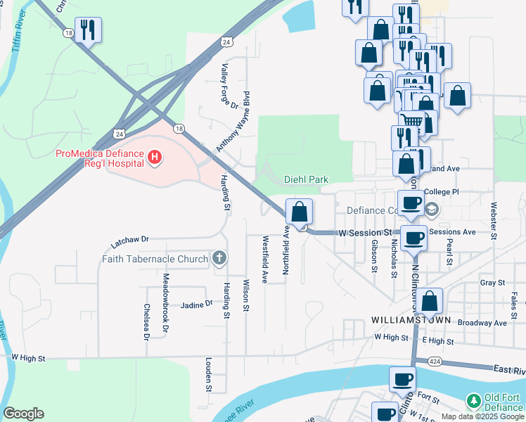 map of restaurants, bars, coffee shops, grocery stores, and more near 1000 Ralston Avenue in Defiance