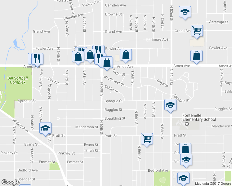 map of restaurants, bars, coffee shops, grocery stores, and more near 4157 North 59th Circle in Omaha