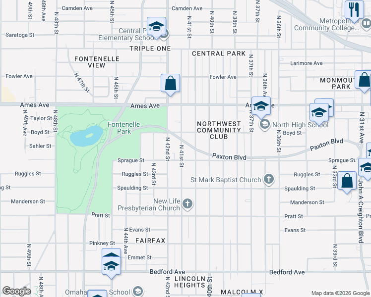 map of restaurants, bars, coffee shops, grocery stores, and more near 4111 North 41st Street in Omaha