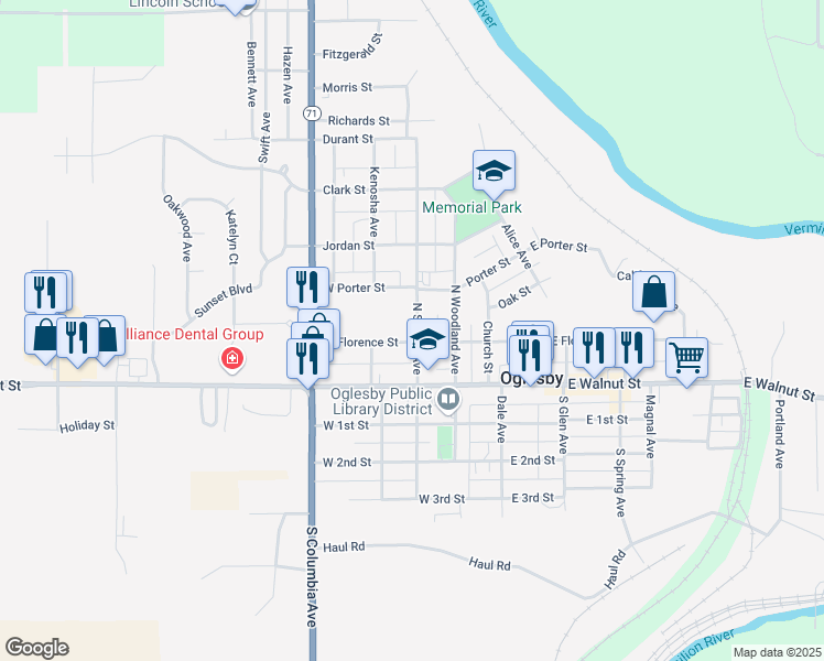 map of restaurants, bars, coffee shops, grocery stores, and more near 304 West Florence Street in Oglesby