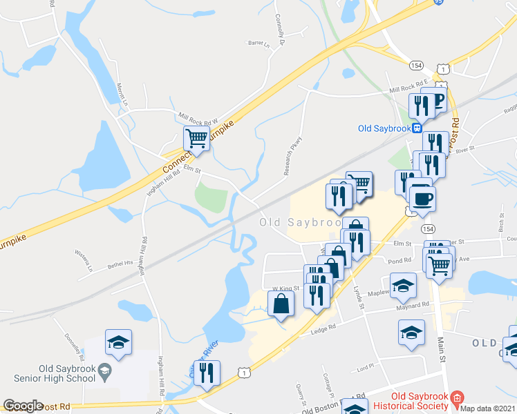 map of restaurants, bars, coffee shops, grocery stores, and more near Elm Street in Old Saybrook