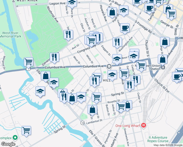 map of restaurants, bars, coffee shops, grocery stores, and more near 48 Frank Street in New Haven