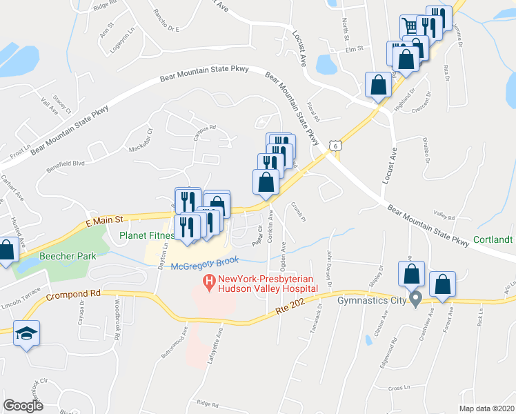 map of restaurants, bars, coffee shops, grocery stores, and more near 2050 Main Street in Cortlandt Manor