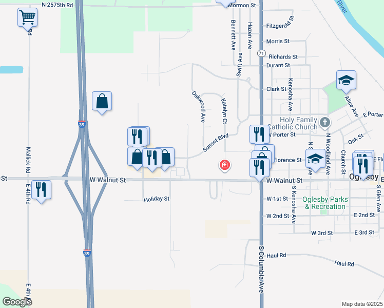 map of restaurants, bars, coffee shops, grocery stores, and more near 110 Heritage Avenue in Oglesby
