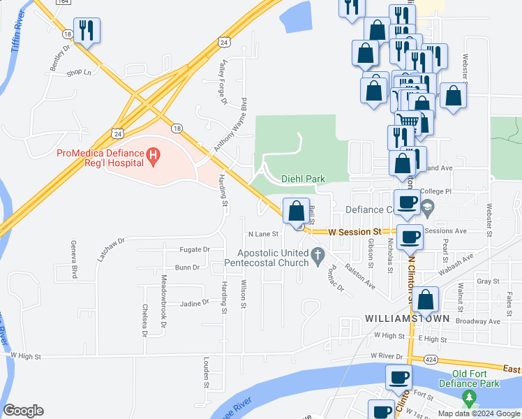 map of restaurants, bars, coffee shops, grocery stores, and more near 1000 Ralston Avenue in Defiance