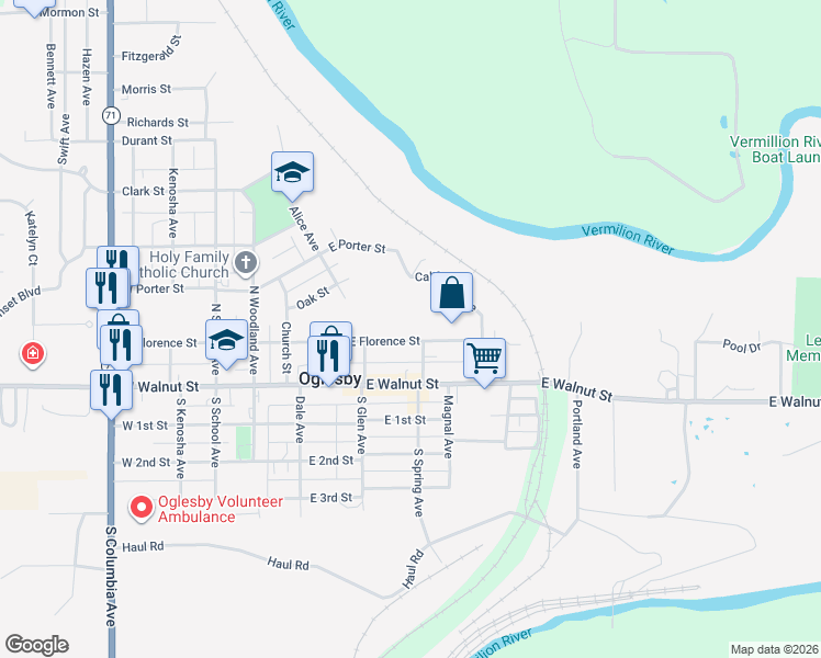 map of restaurants, bars, coffee shops, grocery stores, and more near 254 East Florence Street in Oglesby