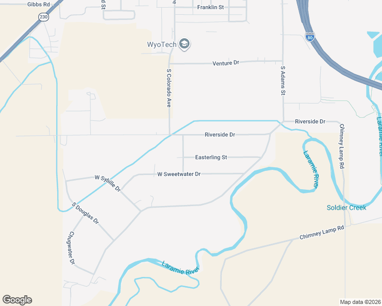 map of restaurants, bars, coffee shops, grocery stores, and more near 2081 Easterling Street in Laramie