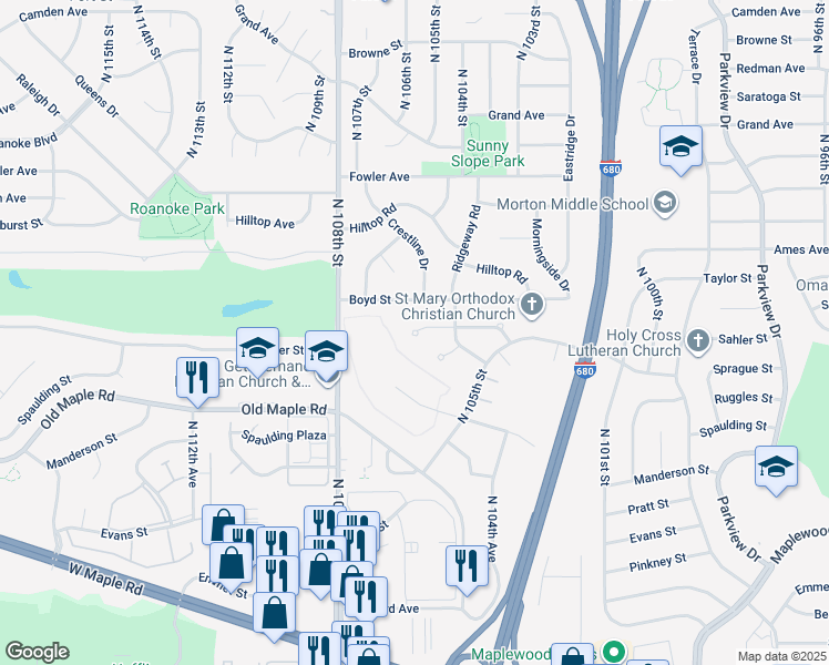map of restaurants, bars, coffee shops, grocery stores, and more near 14664 Sahler Plaza in Omaha