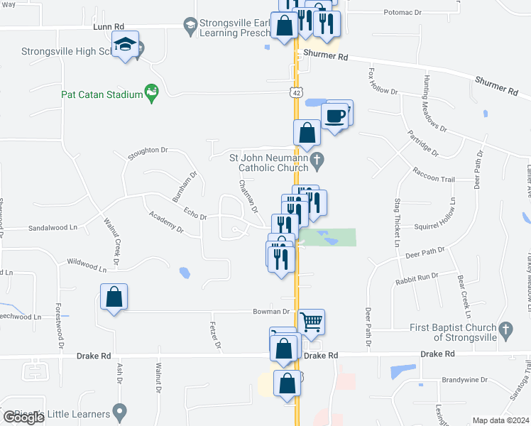 map of restaurants, bars, coffee shops, grocery stores, and more near 19150 Echo Drive in Strongsville