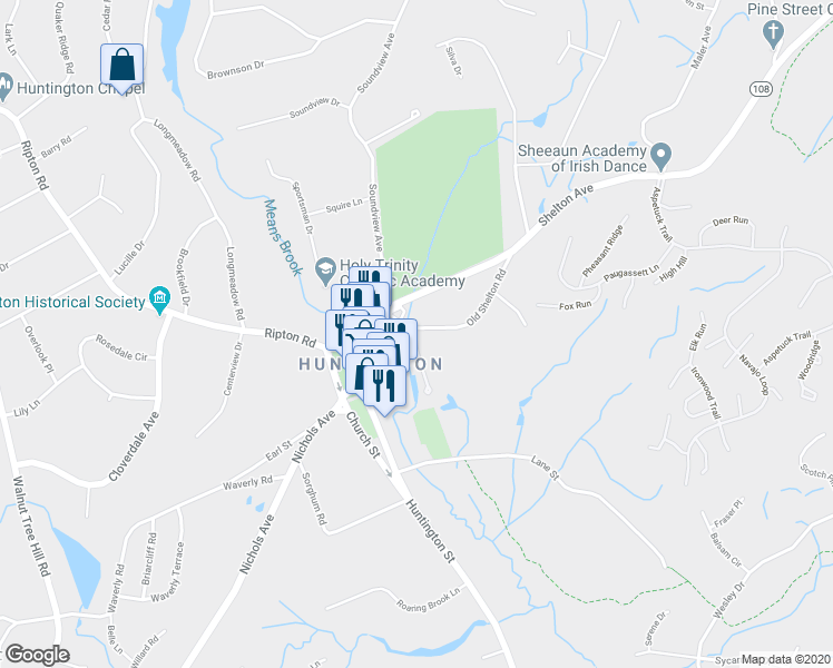 map of restaurants, bars, coffee shops, grocery stores, and more near 66 Old Shelton Road in Shelton