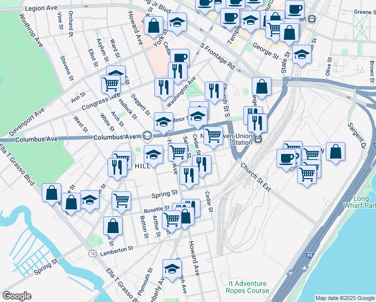 map of restaurants, bars, coffee shops, grocery stores, and more near 179 Carlisle Street in New Haven