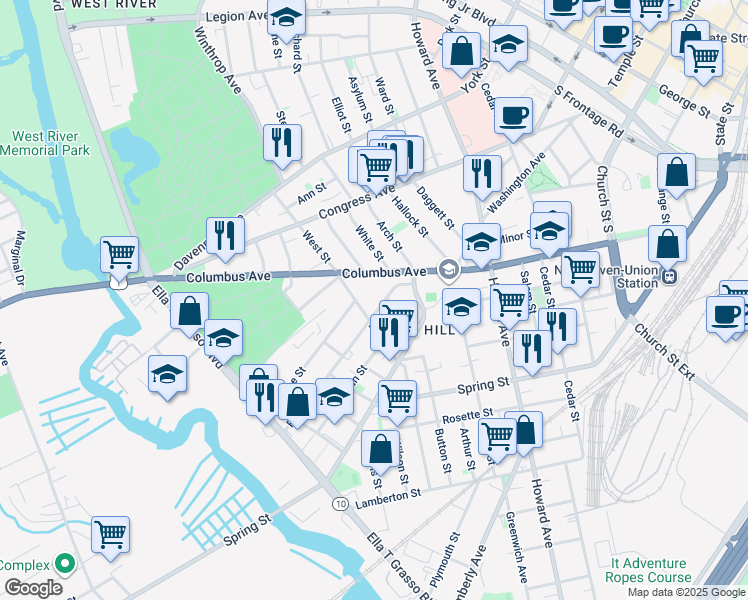 map of restaurants, bars, coffee shops, grocery stores, and more near 48 Frank Street in New Haven