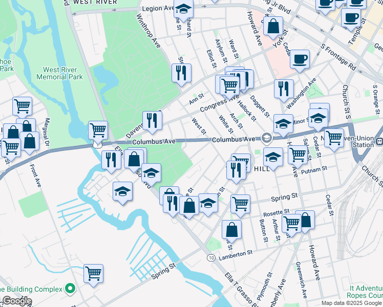 map of restaurants, bars, coffee shops, grocery stores, and more near 48 Thorn Street in New Haven