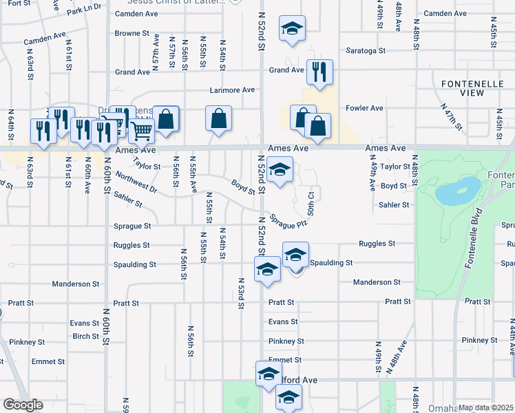 map of restaurants, bars, coffee shops, grocery stores, and more near 5211 Northwest Drive in Omaha