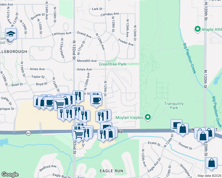 map of restaurants, bars, coffee shops, grocery stores, and more near 12806 Sahler Plaza in Omaha