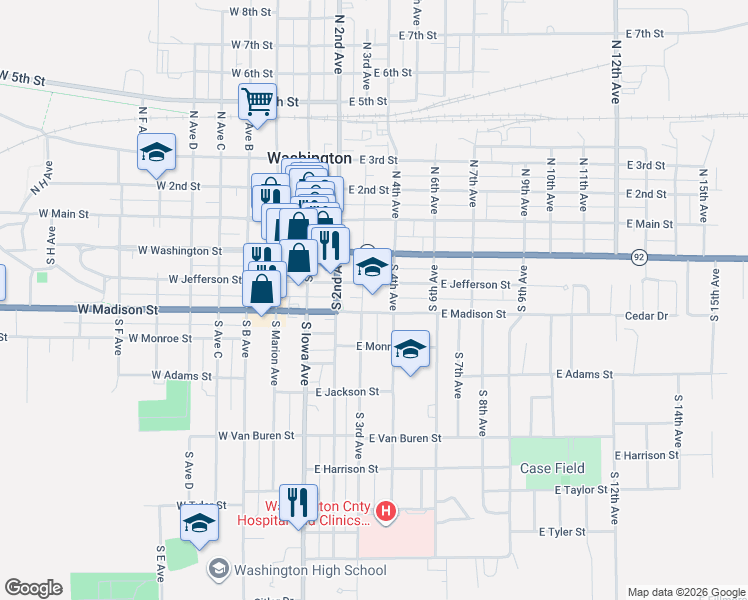 map of restaurants, bars, coffee shops, grocery stores, and more near 300 East Madison Street in Washington