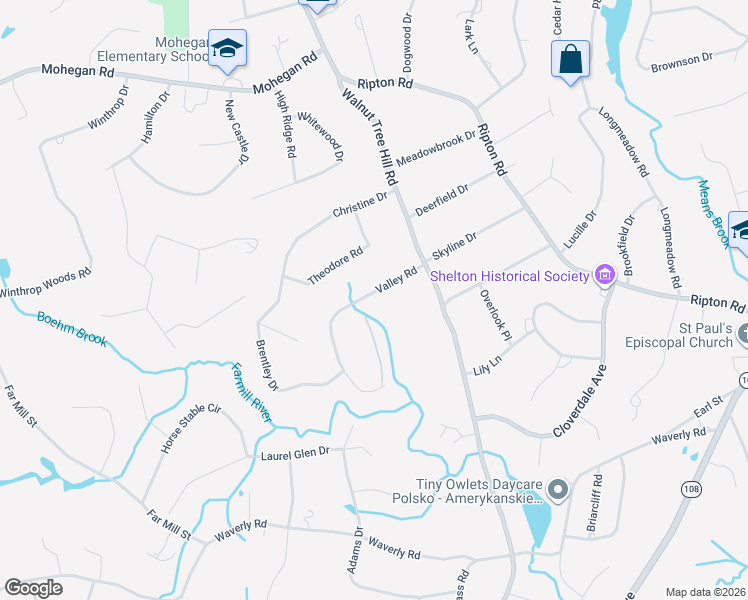 map of restaurants, bars, coffee shops, grocery stores, and more near 24 Valley Road in Shelton